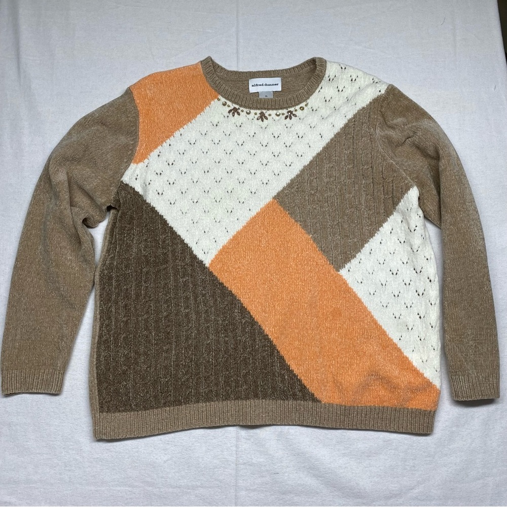 Alfred Dunner Color Block Sweater Embellished Neckline Size XL Pullover Crewneck